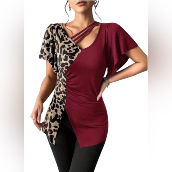 NWOT, Emery Rose, Stretch Asymmetrical Leopard And Red Blouse, 2X - Picture 9 of 11